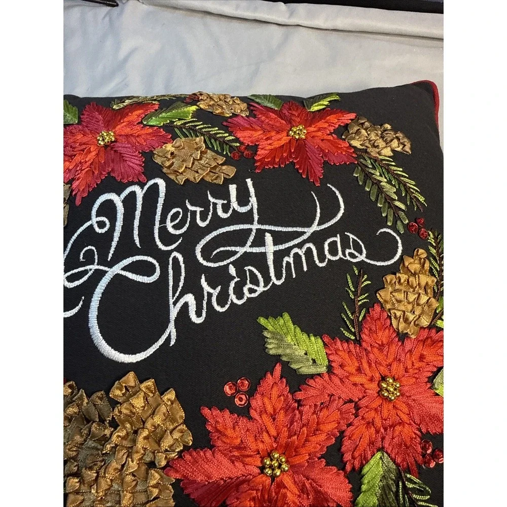 Embroidered Merry Christmas Poinsettia Throw Pillow Black Velvet Holiday Decor